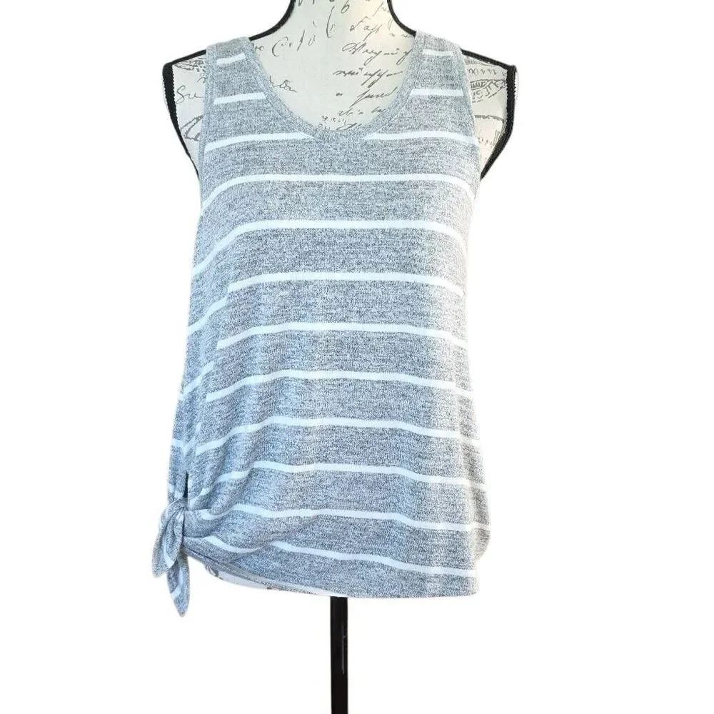 Market & Spruce Women's Size Large Gray White Stripe Knot Front Tank Top